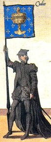 El noble Don Daualos, portando la bandera del Reino de Galicia 
                    en 1559