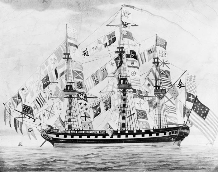 Frigate USS United States, 1797, capitaneada polo Irlands John Barry, ondeando o Pavilln da Galiza.